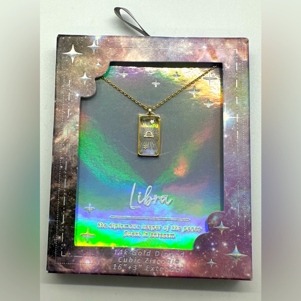 Gold Dipped Libra Celestial Zodiac Necklace 16” with 3” extender
